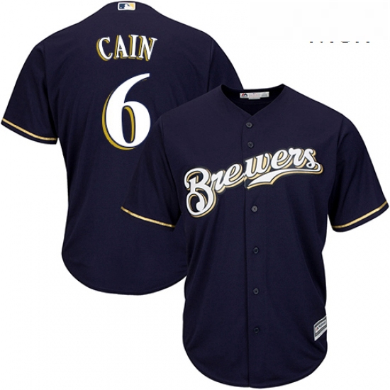 Mens Majestic Milwaukee Brewers 6 Lorenzo Cain Replica Navy Blue Alternate Cool Base MLB Jersey