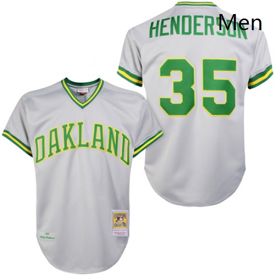 Mens Mitchell and Ness Oakland Athletics 35 Rickey Henderson Authentic Grey 1981 Throwback MLB Jerse