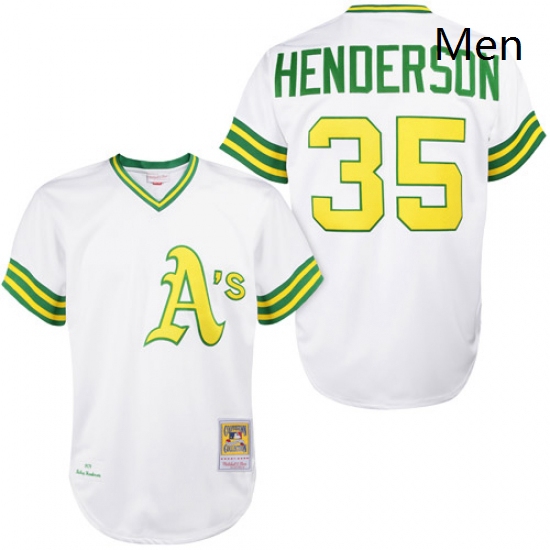 Mens Mitchell and Ness Oakland Athletics 35 Rickey Henderson Authentic White 1979 Throwback MLB Jers