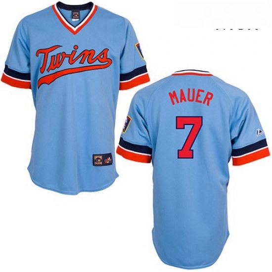 Mens Majestic Minnesota Twins 7 Joe Mauer Replica Light Blue Cooperstown Throwback MLB Jersey