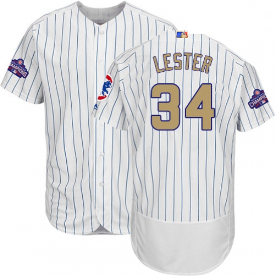 Mens Majestic Chicago Cubs 34 Jon Lester Authentic White 2017 Gold Program Flex Base MLB Jersey