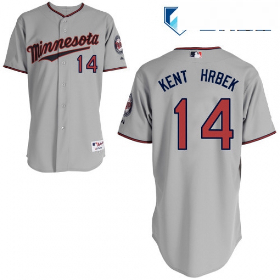 Mens Majestic Minnesota Twins 14 Kent Hrbek Replica Grey Road Cool Base MLB Jersey