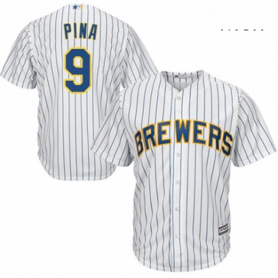 Mens Majestic Milwaukee Brewers 9 Manny Pina Replica White Home Cool Base MLB Jersey