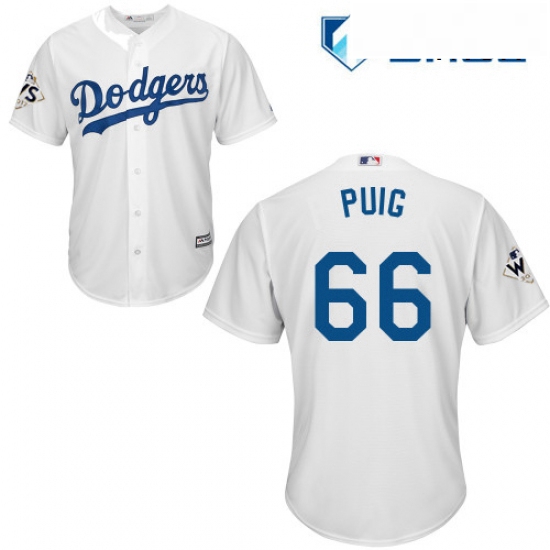 Mens Majestic Los Angeles Dodgers 66 Yasiel Puig Replica White Home 2017 World Series Bound Cool Bas