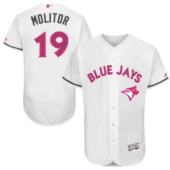 Mens Majestic Toronto Blue Jays 19 Paul Molitor Authentic White 2016 Mothers Day Fashion Flex Base M