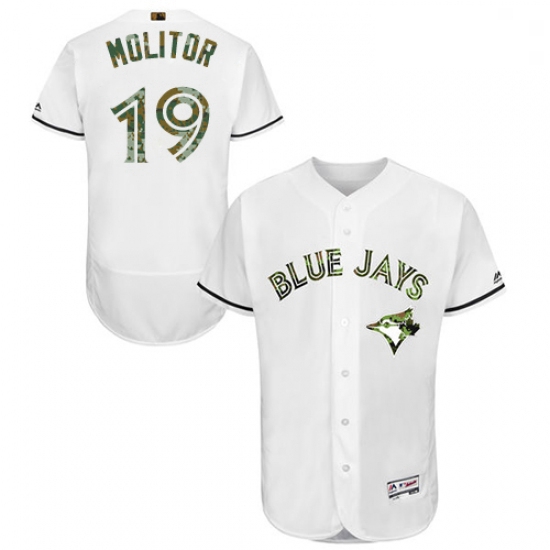 Mens Majestic Toronto Blue Jays 19 Paul Molitor Authentic White 2016 Memorial Day Fashion Flex Base 