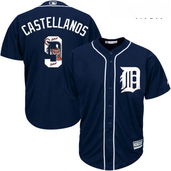 Mens Majestic Detroit Tigers 9 Nick Castellanos Authentic Navy Blue Team Logo Fashion Cool Base MLB 