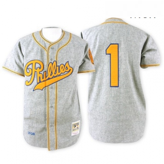 Mens Mitchell and Ness 1938 Philadelphia Phillies 1 Richie Ashburn Authentic Grey Throwback MLB Jers