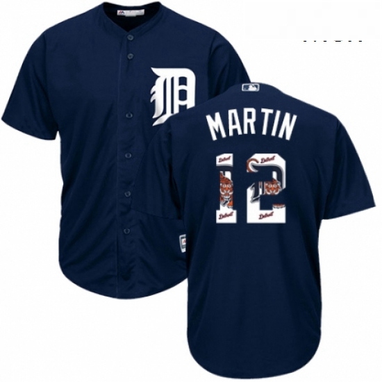 Mens Majestic Detroit Tigers 12 Leonys Martin Authentic Navy Blue Team Logo Fashion Cool Base MLB Je