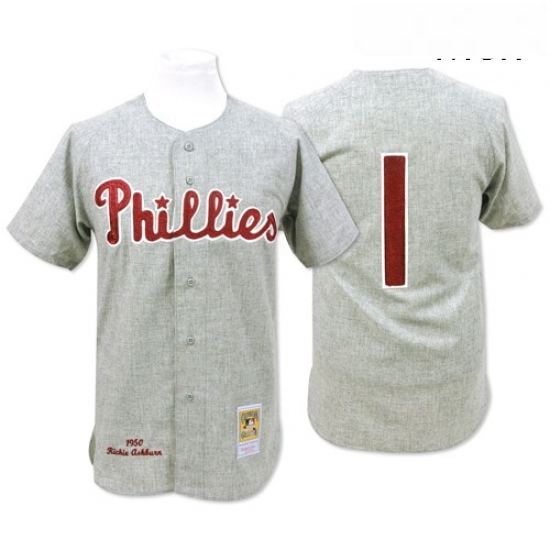 Mens Mitchell and Ness 1950 Philadelphia Phillies 1 Richie Ashburn Authentic Grey Throwback MLB Jers