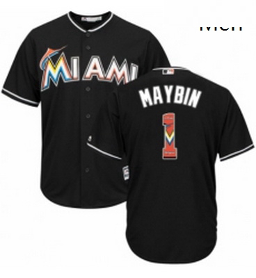 Mens Majestic Miami Marlins 1 Cameron Maybin Authentic Black Team Logo Fashion Cool Base MLB Jersey