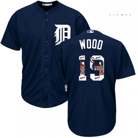 Mens Majestic Detroit Tigers 19 Travis Wood Authentic Navy Blue Team Logo Fashion Cool Base MLB Jers