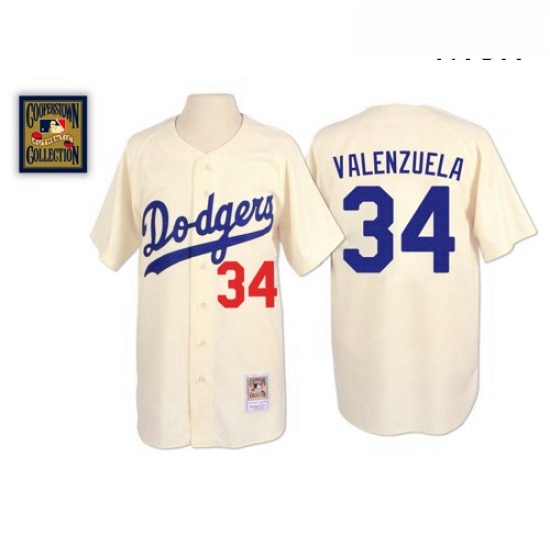 Mens Mitchell and Ness Los Angeles Dodgers 34 Fernando Valenzuela Authentic Cream Throwback MLB Jers