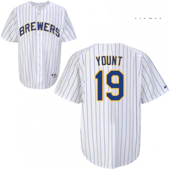 Mens Majestic Milwaukee Brewers 19 Robin Yount Replica White blue strip MLB Jersey