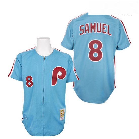 Mens Mitchell and Ness Philadelphia Phillies 8 Juan Samuel Replica Blue 1984 Throwback MLB Jersey