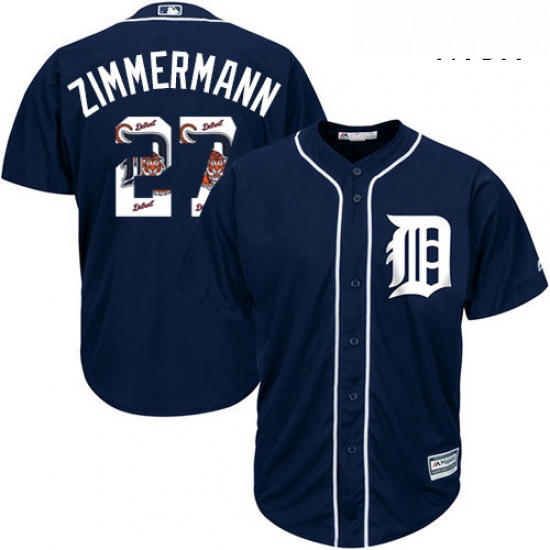 Mens Majestic Detroit Tigers 27 Jordan Zimmermann Authentic Navy Blue Team Logo Fashion Cool Base ML