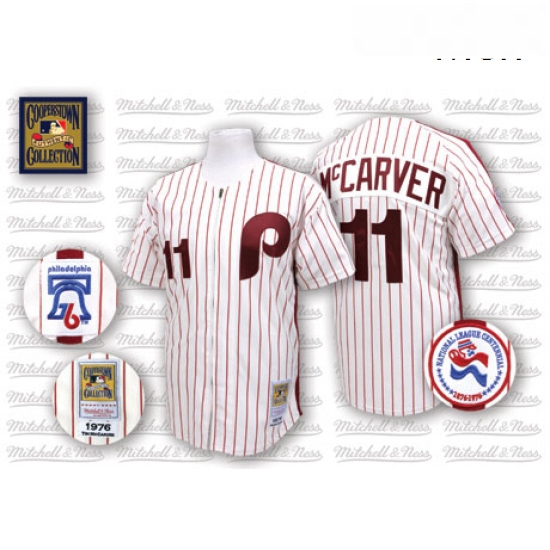 Mens Mitchell and Ness Philadelphia Phillies 11 Tim McCarver Authentic WhiteRed Strip Throwback MLB 