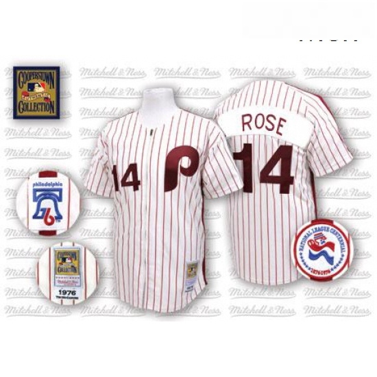 Mens Mitchell and Ness Philadelphia Phillies 14 Pete Rose Authentic WhiteRed Strip Throwback MLB Jer