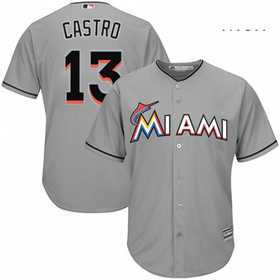 Mens Majestic Miami Marlins 13 Starlin Castro Replica Grey Road Cool Base MLB Jersey