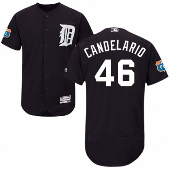 Mens Majestic Detroit Tigers 46 Jeimer Candelario Navy Blue Alternate Flex Base Collection 2018 Worl