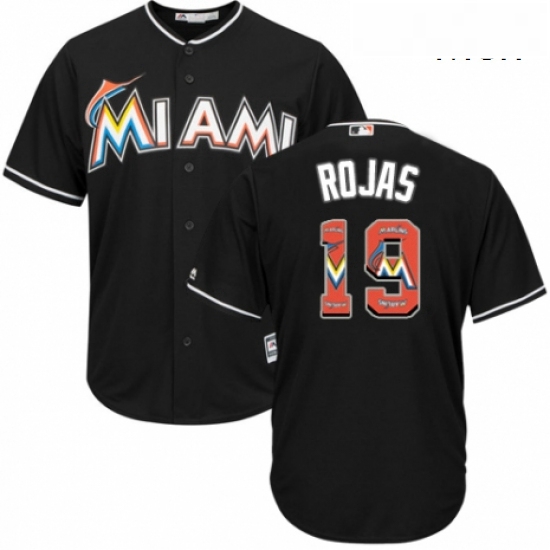 Mens Majestic Miami Marlins 19 Miguel Rojas Authentic Black Team Logo Fashion Cool Base MLB Jersey