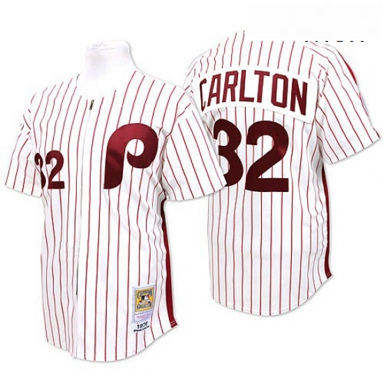 Mens Mitchell and Ness Philadelphia Phillies 32 Steve Carlton Authentic WhiteRed Strip Throwback MLB