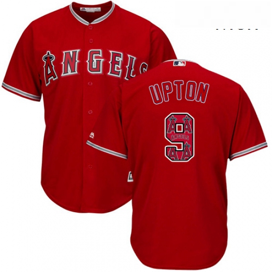 Mens Majestic Los Angeles Angels of Anaheim 9 Justin Upton Authentic Red Team Logo Fashion Cool Base