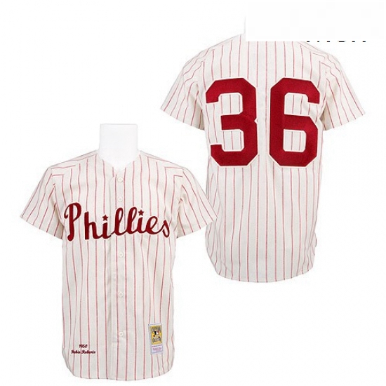 Mens Mitchell and Ness Philadelphia Phillies 36 Robin Roberts Authentic WhiteRed Strip Throwback MLB