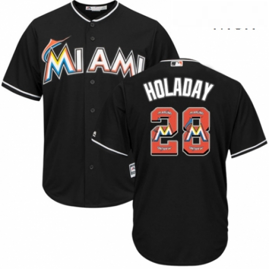 Mens Majestic Miami Marlins 28 Bryan Holaday Authentic Black Team Logo Fashion Cool Base MLB Jersey