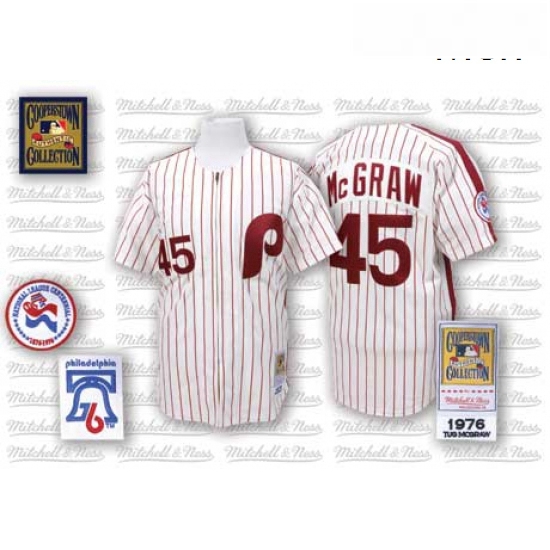 Mens Mitchell and Ness Philadelphia Phillies 45 Tug McGraw Replica WhiteRed Strip Throwback MLB Jers