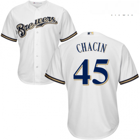 Mens Majestic Milwaukee Brewers 45 Jhoulys Chacin Replica White Home Cool Base MLB Jersey