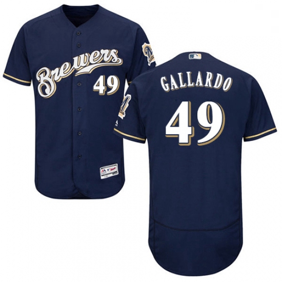 Mens Majestic Milwaukee Brewers 49 Yovani Gallardo Navy Blue Alternate Flex Base Authentic Collectio