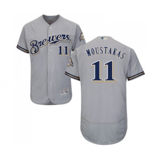 Mens Milwaukee Brewers 11 Mike Moustakas Grey Road Flex Base Authentic Collection Baseball Jersey