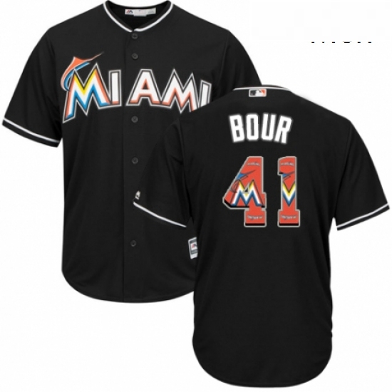 Mens Majestic Miami Marlins 41 Justin Bour Authentic Black Team Logo Fashion Cool Base MLB Jersey