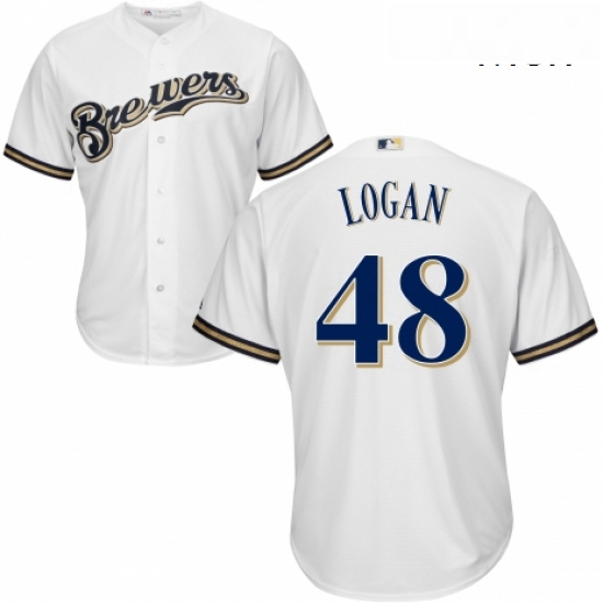 Mens Majestic Milwaukee Brewers 48 Boone Logan Replica Navy Blue Alternate Cool Base MLB Jersey