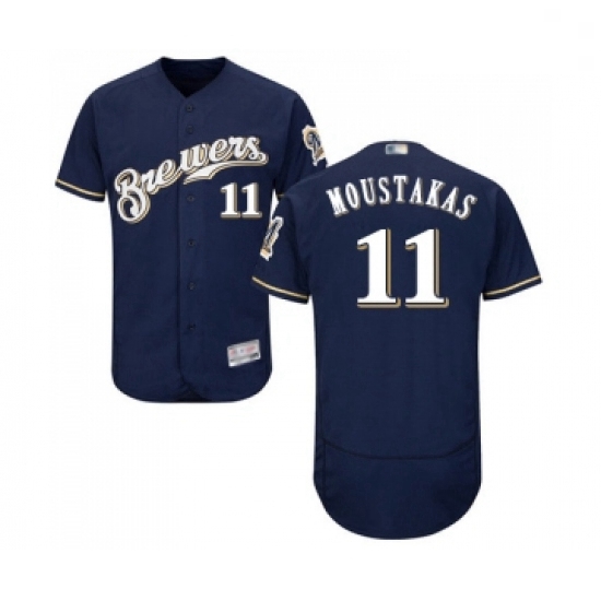 Mens Milwaukee Brewers 11 Mike Moustakas Navy Blue Alternate Flex Base Authentic Collection Baseball