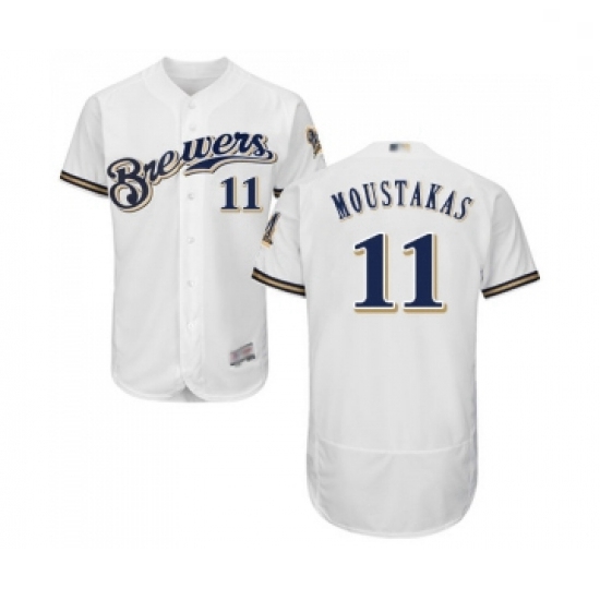 Mens Milwaukee Brewers 11 Mike Moustakas White Alternate Flex Base Authentic Collection Baseball Jer