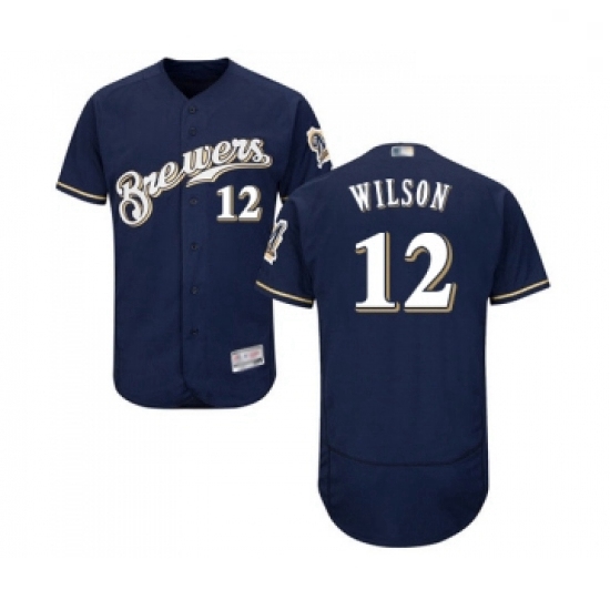 Mens Milwaukee Brewers 12 Alex Wilson Navy Blue Alternate Flex Base Authentic Collection Baseball Je