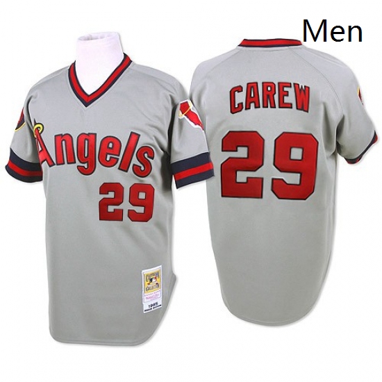 Mens Mitchell and Ness 1985 Los Angeles Angels of Anaheim 29 Rod Carew Authentic Grey Throwback MLB 