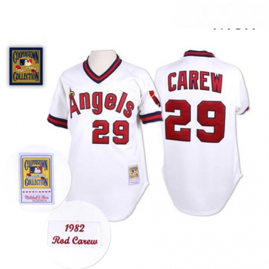 Mens Mitchell and Ness Los Angeles Angels of Anaheim 29 Rod Carew Authentic White Throwback MLB Jers