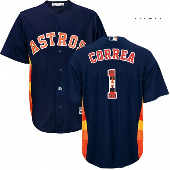 Mens Majestic Houston Astros 1 Carlos Correa Authentic Navy Blue Team Logo Fashion Cool Base MLB Jer