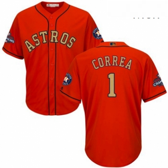 Mens Majestic Houston Astros 1 Carlos Correa Replica Orange Alternate 2018 Gold Program Cool Base ML