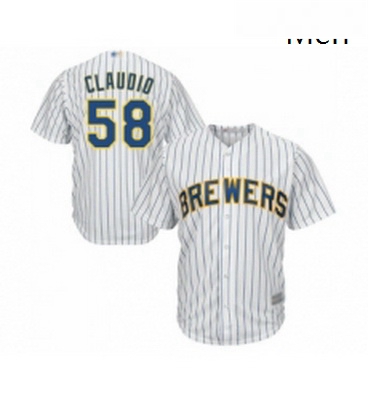 Mens Milwaukee Brewers 58 Alex Claudio Replica White Home Cool Base Baseball Jersey