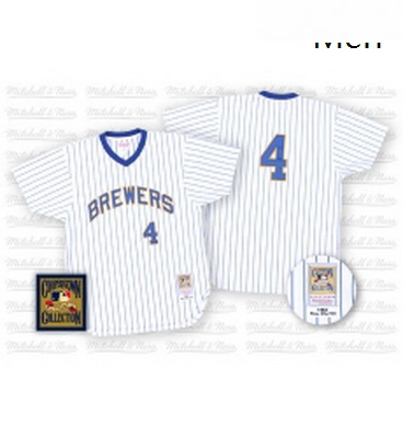 Mens Mitchell and Ness Milwaukee Brewers 4 Paul Molitor Authentic WhiteBlue Strip Throwback MLB Jers