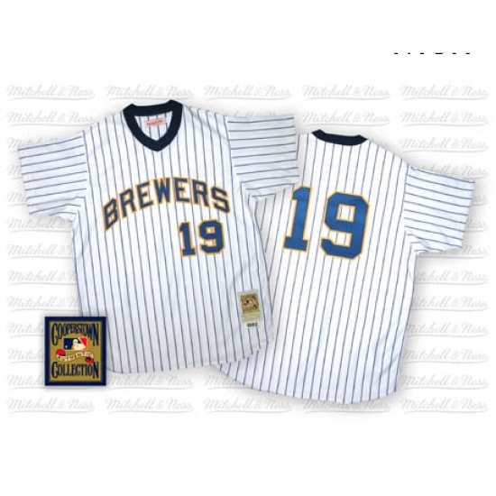 Mens Mitchell and Ness Milwaukee Brewers 19 Robin Yount Authentic WhiteBlue Strip Throwback MLB Jers