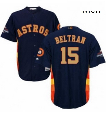 Mens Majestic Houston Astros 15 Carlos Beltran Replica Navy Blue Alternate 2018 Gold Program Cool Ba