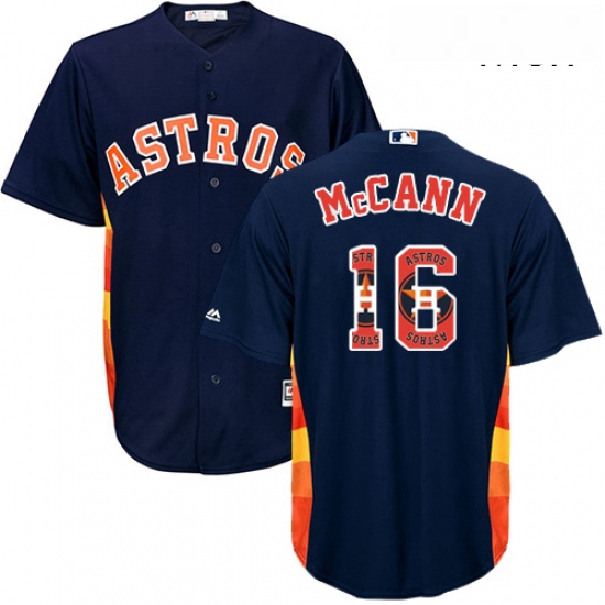 Mens Majestic Houston Astros 16 Brian McCann Authentic Navy Blue Team Logo Fashion Cool Base MLB Jer