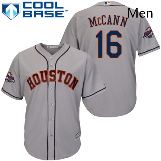 Mens Majestic Houston Astros 16 Brian McCann Replica Grey Road 2017 World Series Champions Cool Base