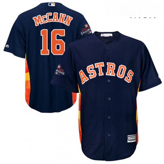 Mens Majestic Houston Astros 16 Brian McCann Replica Navy Blue Alternate 2017 World Series Champions