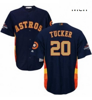 Mens Majestic Houston Astros 20 Preston Tucker Replica Navy Blue Alternate 2018 Gold Program Cool Ba